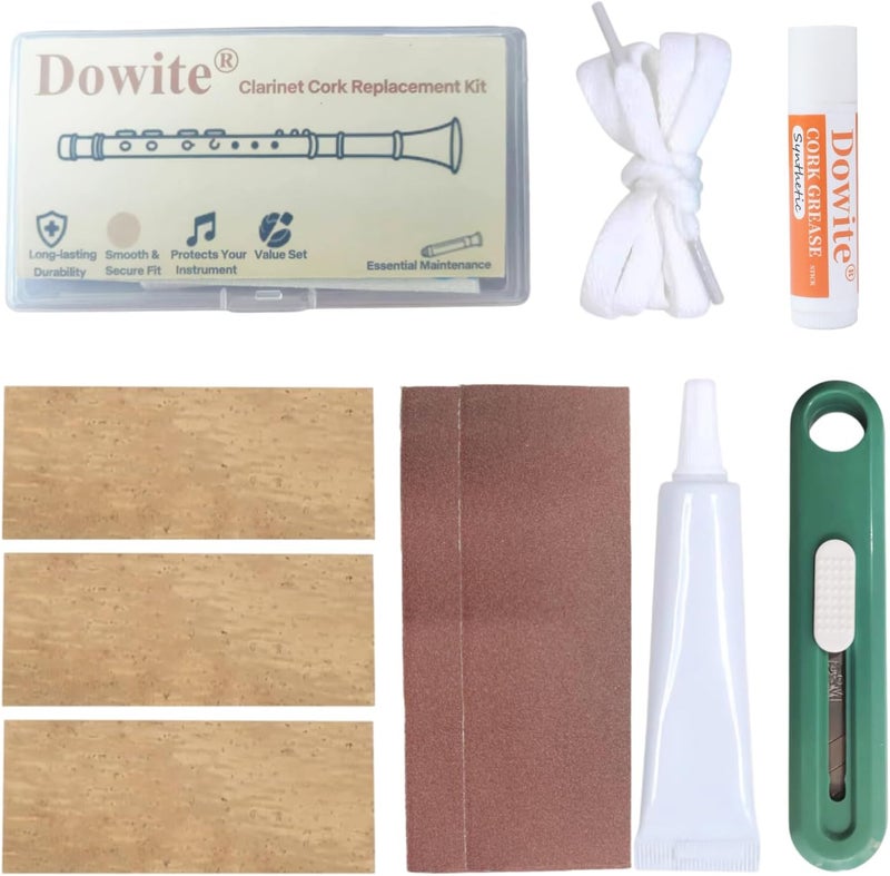 Dowite Clarinet Cork Replacement Kit - 37mm x 90mm Corks 3 PCS, Blade, Rope, Sandpaper 2PCS, Cork Grease，Adhesive - Easy DIY Maintenance & Repair for Clarinets - Image 1
